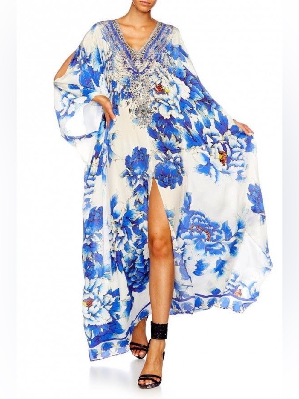 Camilla Ring of Roses Embellished V-Neck Blue Floral Caftan Dress